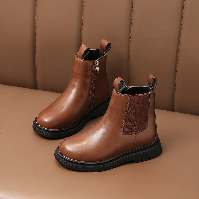 Winter Kids Fashion Martin Boots Childrens Rubber Outsole Non-slip Warm Zipper Leather Ankle Boots Boys Girls Casual Shoes 240710