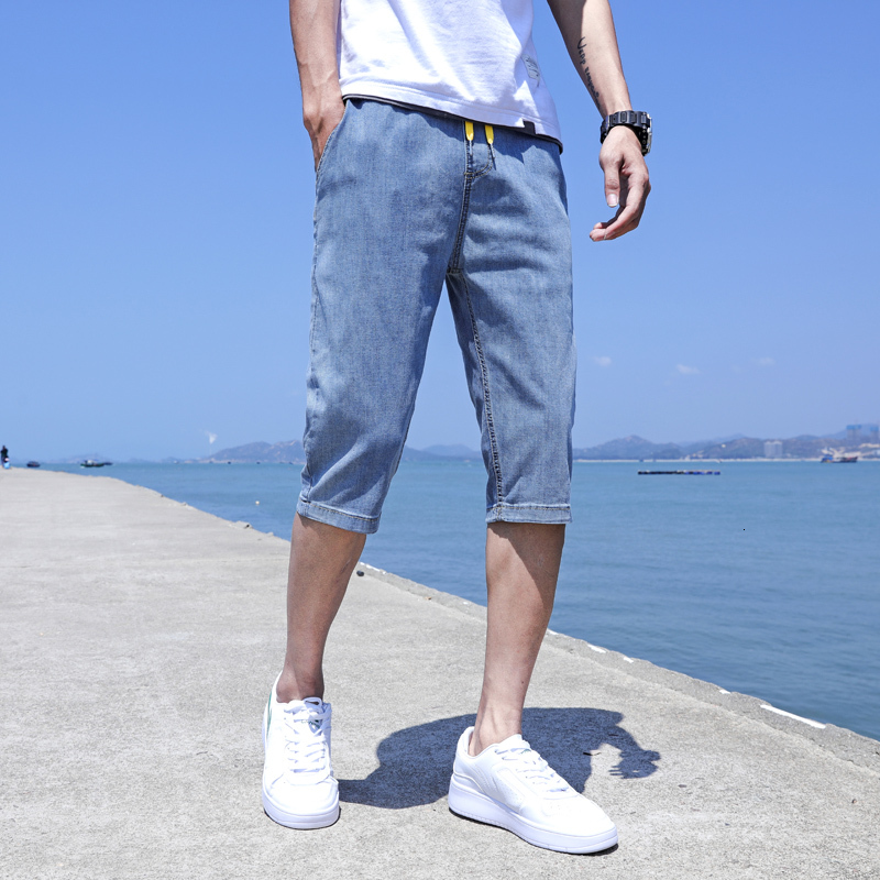 Denim shorts thin trendy brand loose straight leg mid length 2022 summer men's 7-inch pants