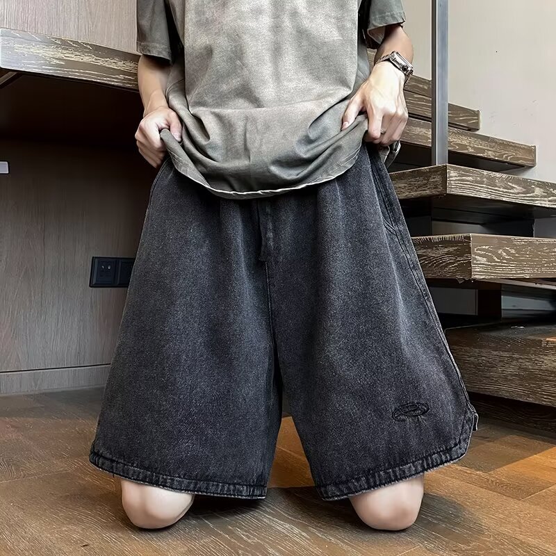 Cowboy shorts for men and women, street fashion brand, loose straight leg mid length pants, student casual five quarter pants