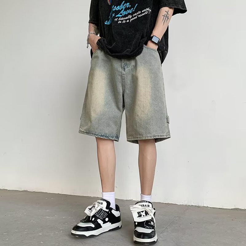 Workwear denim men's summer thin mid length shorts American street versatile loose straight five quarter pants