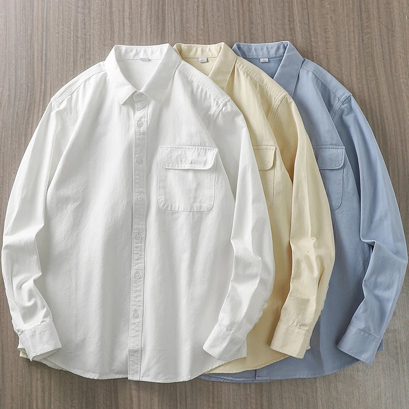 Dukeen Shirts for Men Spring and Autumn Pockets Cotton Solid Color White Plain Shirt Long-Sleeved Tops Mens Clothing 240715