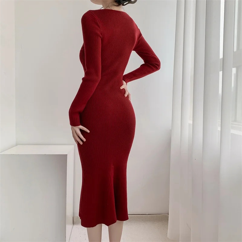 Autumn Winter Slim Solid Long Sleeve Knitted Dress Women Korean Sweater Bodycon Dresses Ladies Elegant Evening Party 240710