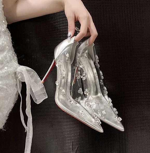 pointed high heels womens wedding shoes banquet rhinestone transparent thin sexy shallow mouth single 240718