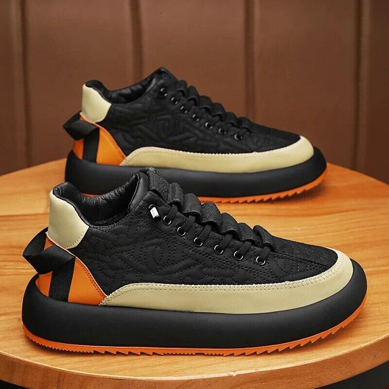 2024 Winter Men Versatile Black Leather Sports Casual Skate Shoes Small White Fashion Trendy
