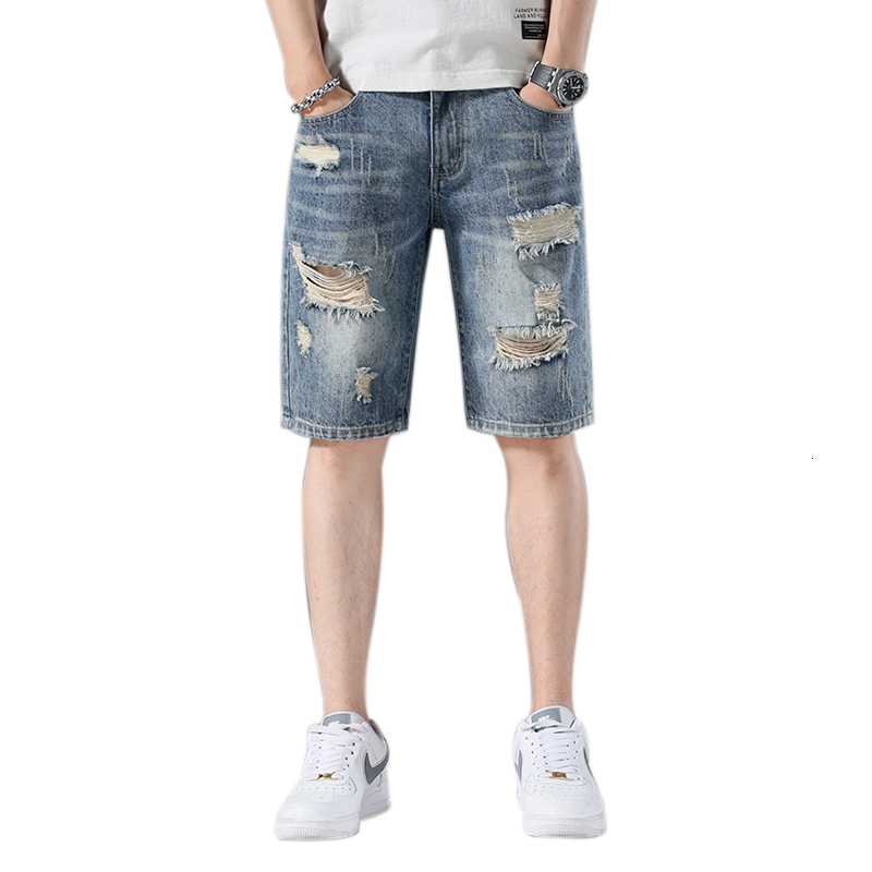 Broken hole denim shorts trendy brand ins summer outerwear loose five quarter men's design sense niche mid length pants
