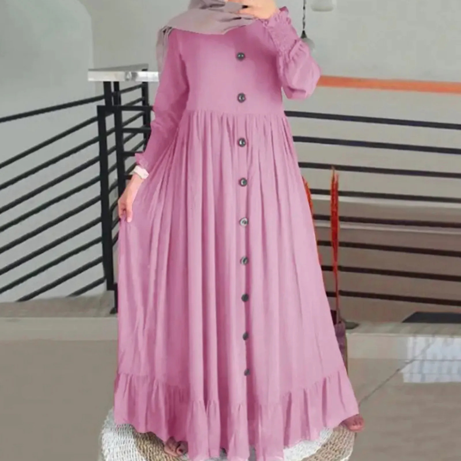 Muslim Hijab Dubai Abaya Long Dresses Women Retro Casual Maxi Dress Oversized Round Neck Ruffle Hem Musulman Djellaba 240712