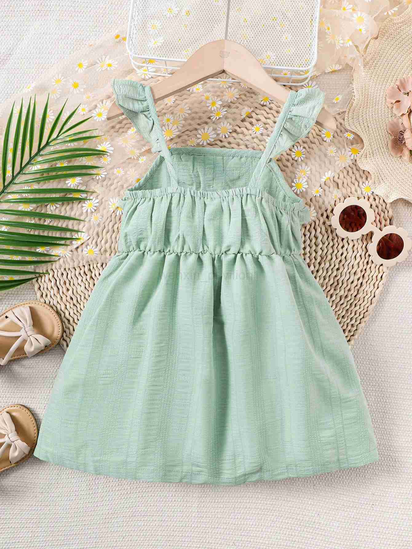 Summer Child Girls Princess Dress Ruffle Solid Color Fly Sleeve Sling Dress Fresh Pastoral Party Clothes For Kids Girl 4-7 YearsXJ240720