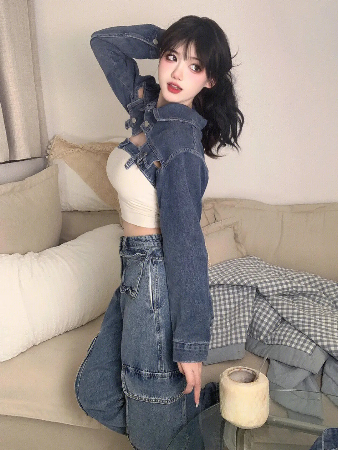 Summer Korean Chic Inner Short Tube Top Vintage Sweet Spicy Jeans Long Sleeve Short Coat Trendy Two Piece Set Women Outfits 240717