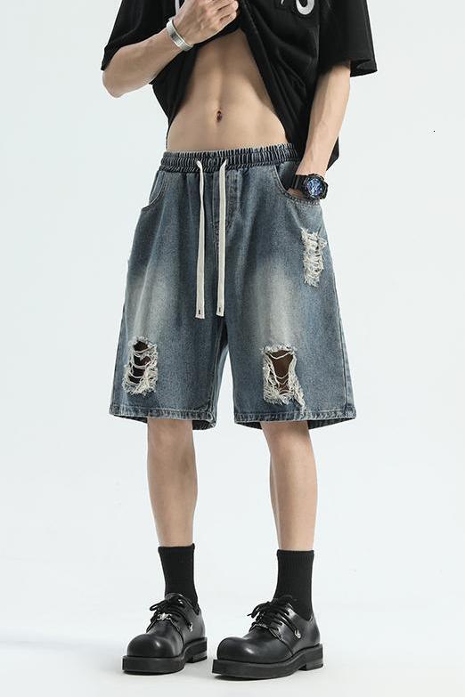 Summer Trendy Brand Broken Hole Cat Must Wash, Make Old, Loose Wide Legs, Straight Tube, Casual, Five Point Denim Shorts for Men