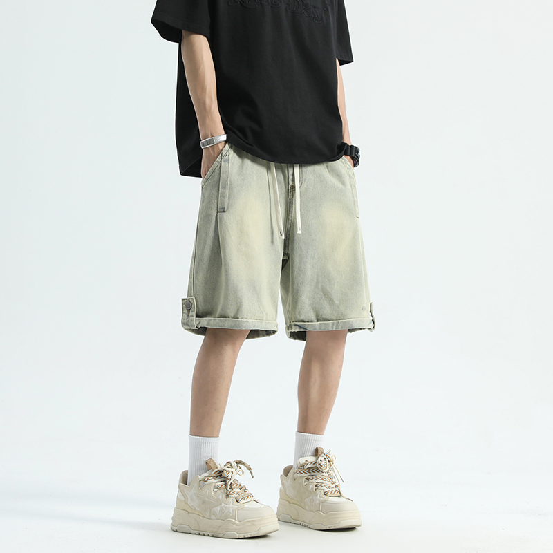 Clean fit washed distressed loose wide straight leg casual five part denim shorts for both men and women