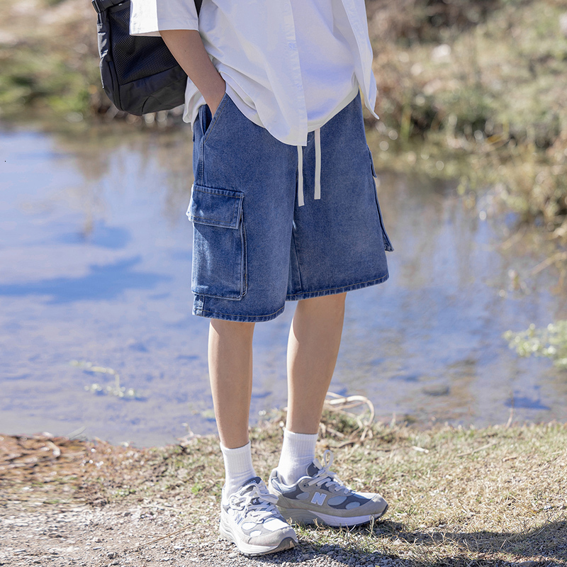Summer new trend five quarter denim men, loose workwear, elastic waistband, lace up shorts for men