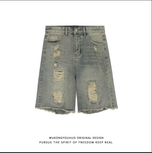Wukong in stock American distressed ripped washed denim shorts men's trendy hip-hop loose and versatile five quarter pants