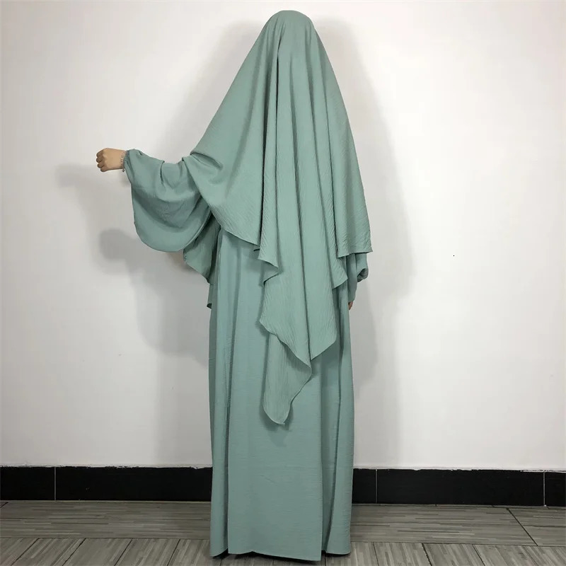 2 Piece Prayer Dress Muslim Islamic Clothing Jazz Crepe Modest Drop Fall Sleeves Abaya Set Match Khimar Jilbab Long Hijab 240712