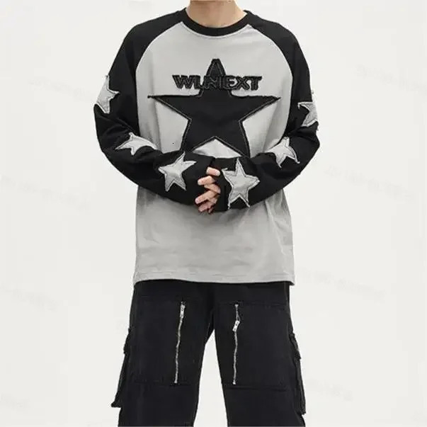 Harajuku Star Embroidery Y2K Pullover Womens Contrast Patch Harajuku Dress Long Sleeve Preppy Long Sports Top 240716
