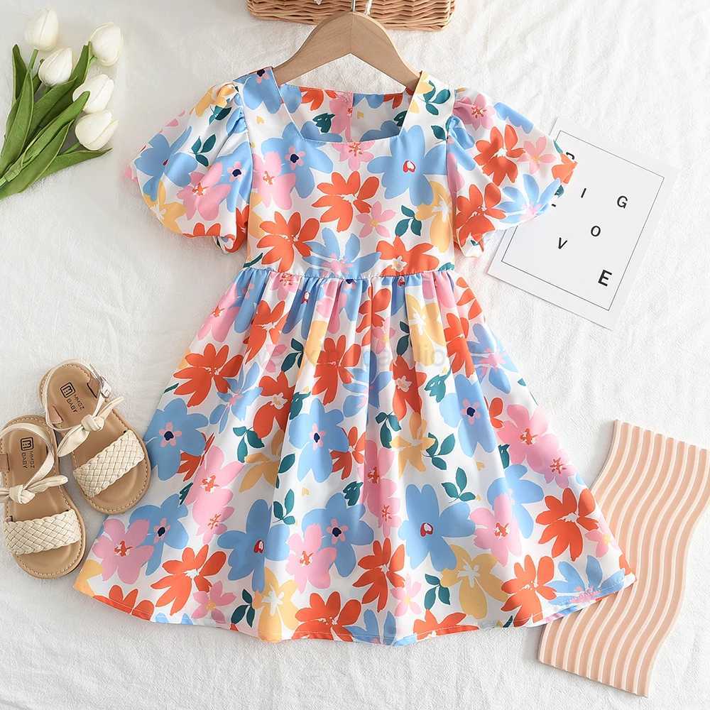 Girls Dresses 2023 Summer New Baby Girls Colourful Floral Short-sleeved Dresses 3-7 Years Old Girls ClothingXJ240720