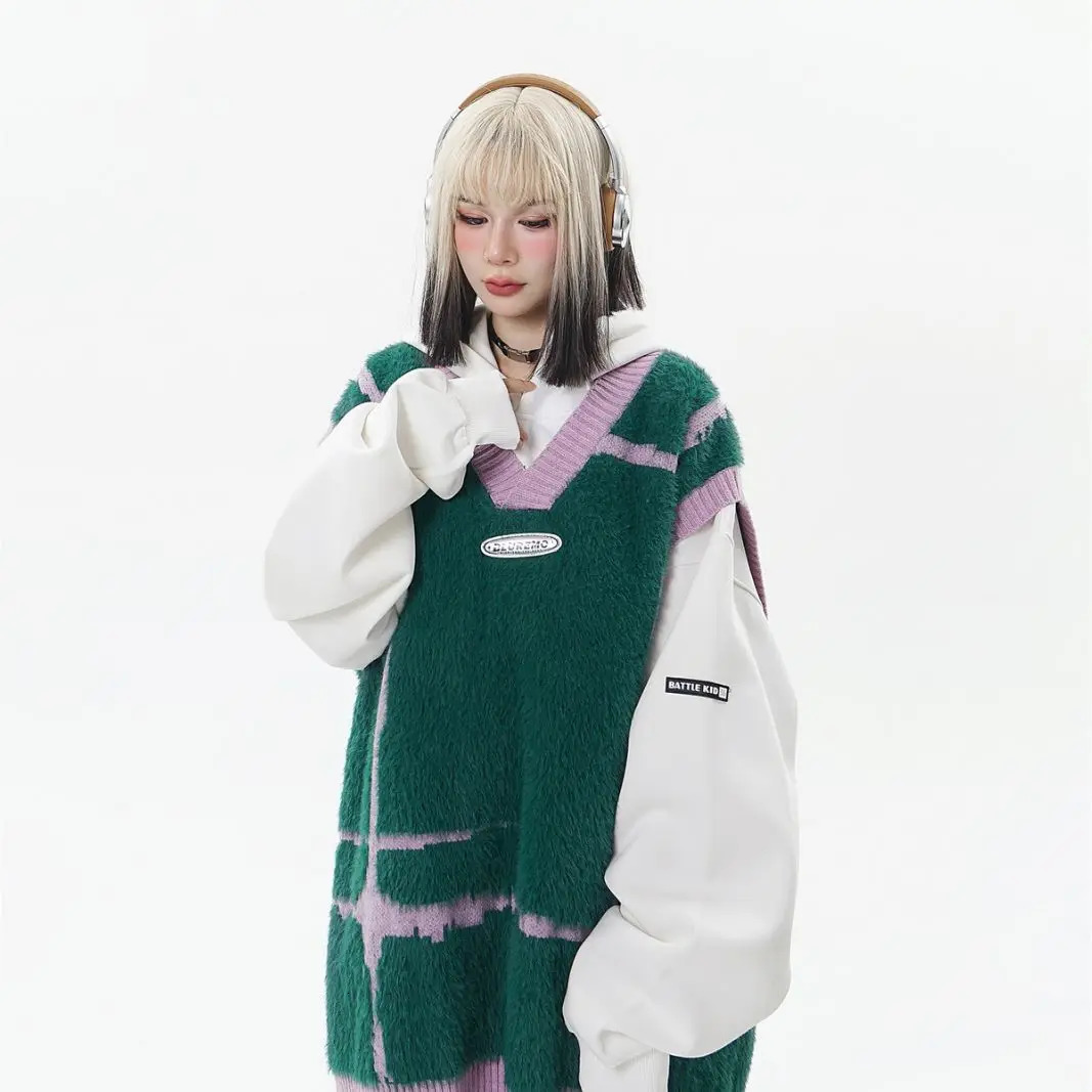 Harajuku Street Trend Striped Patchwork V-neck Knit Sweater Vest Couple Style Jacquard Checkered Oversized Sleeveless Sweaters 240712