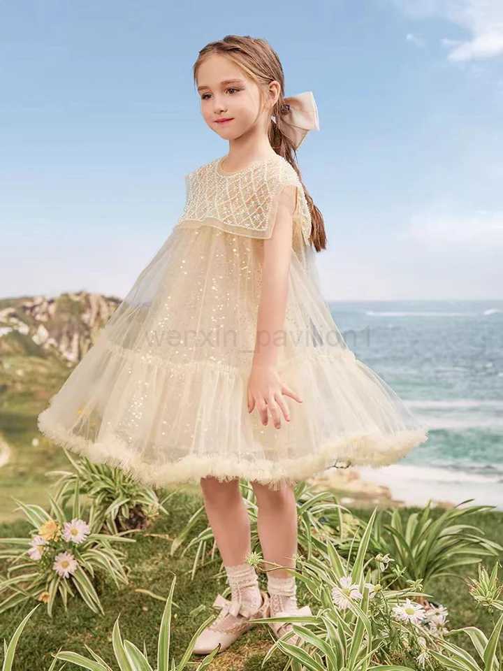 Girls Summer Light Luxury Mesh Dress Little Girl Pearl Neck Sequin Princess Tutu Dress 6-15YXJ240720