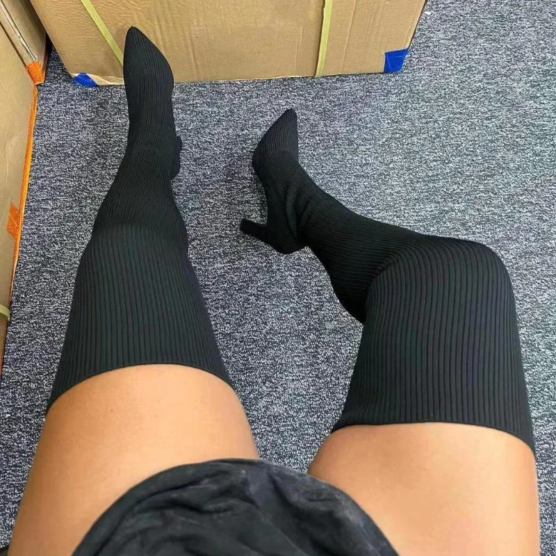 Womens High Heel Autumn Winter Fashion Knitting Stretch Women Retro Long Mid Sock Boots Botas Mujer 240717 4