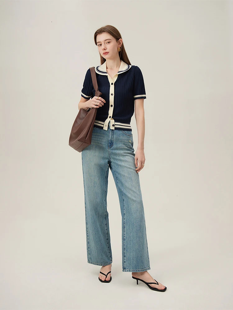 FSLE College Style Contrast Polo Collar Knitted Cardigan Women Knitwear Summer Black Women Casual Loose Top 24FS12115 240717