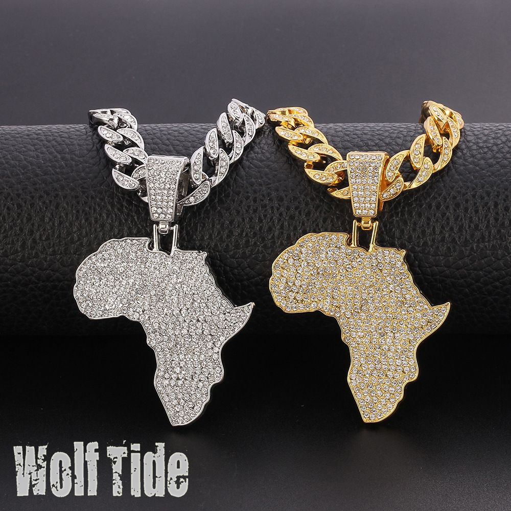 Iced Out Chain Big African Map Pendant Necklaces Men's Hip Hop Gold Color Cuban Link Chain Necklace for Men Male Gemstone Miami Rapper Wolf Tide 
