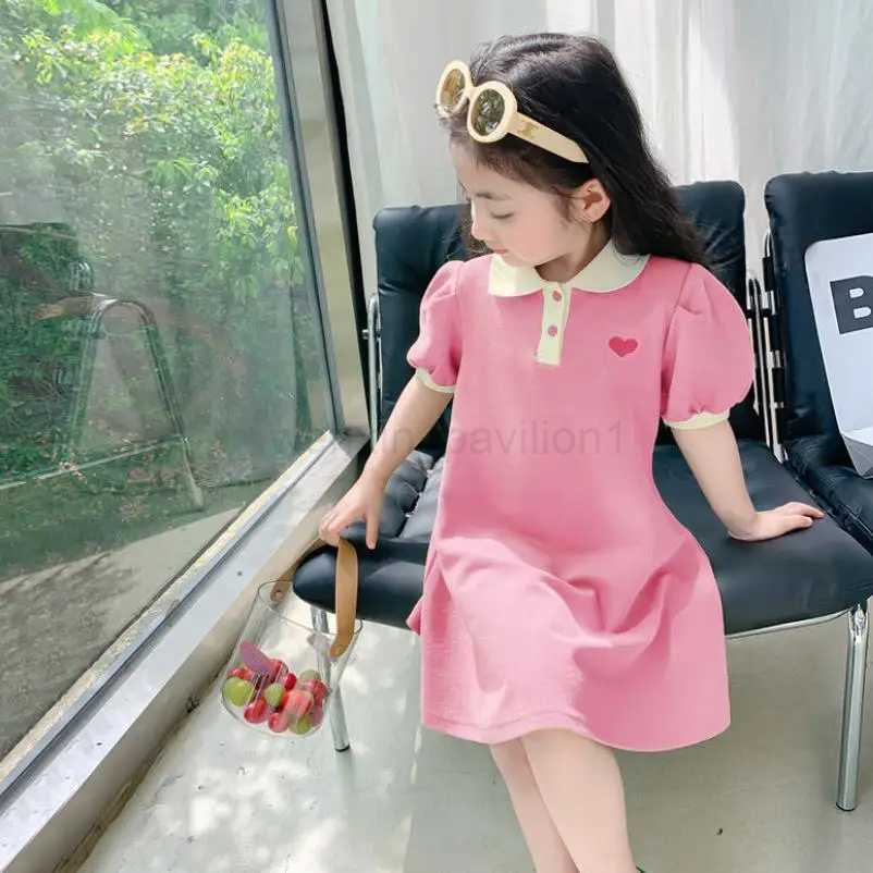 2024 New Childrens Dress Korean Edition Girls Summer Bubble Sleeves Flip Collar Love Dress 1-10 Year Old Casual Princess DressXJ240720
