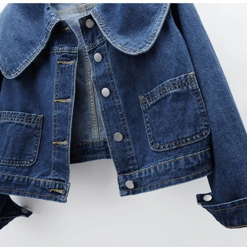 Women Denim Jackets Korean Sailor Collar Fashion Long Sleeves Button Jean Coat Vintage Crop Female Casual Loose Outwear 240717