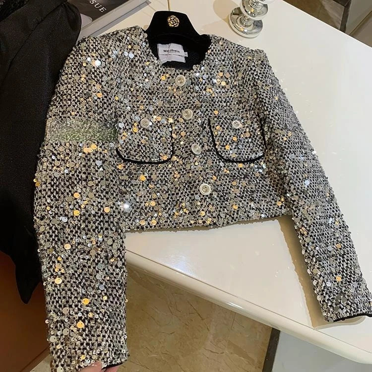 Elegant Heavy Sequins Starlight Silver Jackets Spring Long Sleeve Coat Women Y2k Grunge Oneck Single Breasted Tops Mujer 240719w - view 4