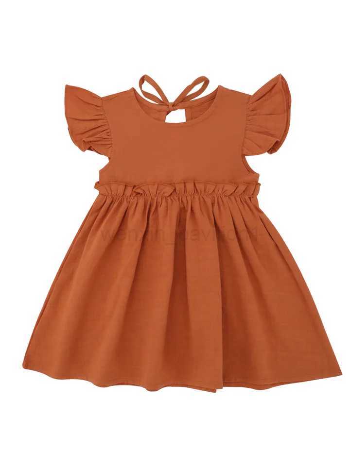 Girls Flutter Sleeve Princess Dress with Tie Childrens Clothing Solid Color Cotton European and American Style NewstyleXJ240720