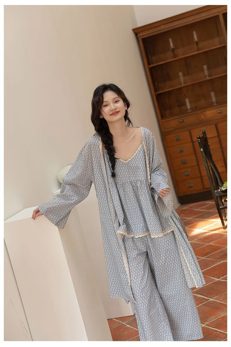 Women Spring Summer 3 Pcs Pajams Gown Set Female Sweet Geometric Printed Robe Top Pants Home Clothing Casual Loose Nightdress 240712