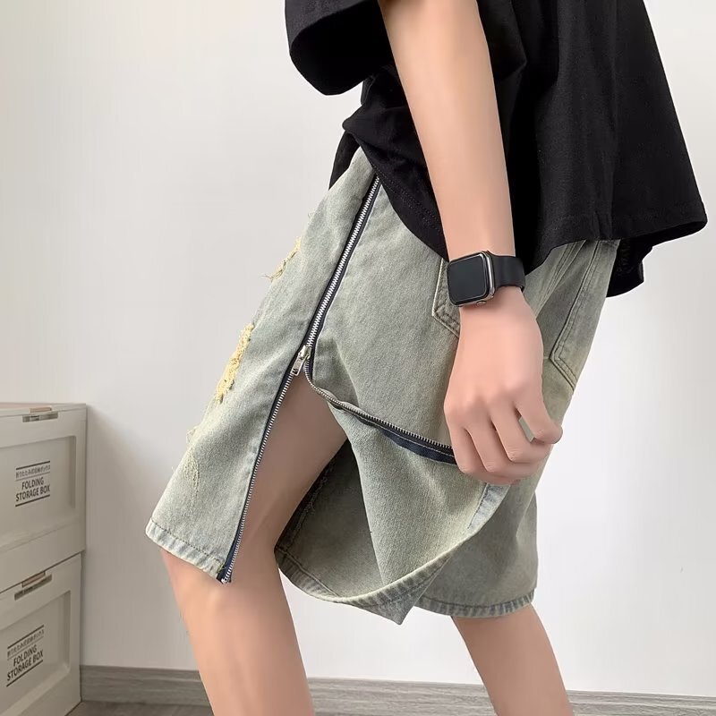 Perforated denim shorts, men's trendy brand loose and casual American oversized beggar's capris, summer thin shorts