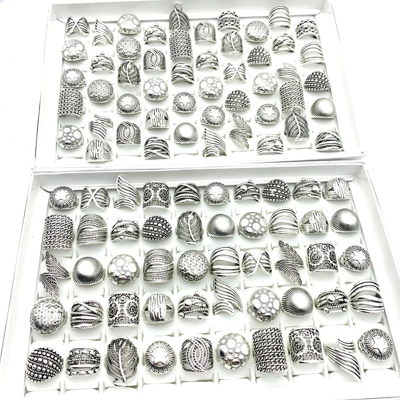 Wholesale of 100 pieces/batch of mixed vintage jewelry rings mens vintage carved pattern finger accessories anniversary silver plating 240710
