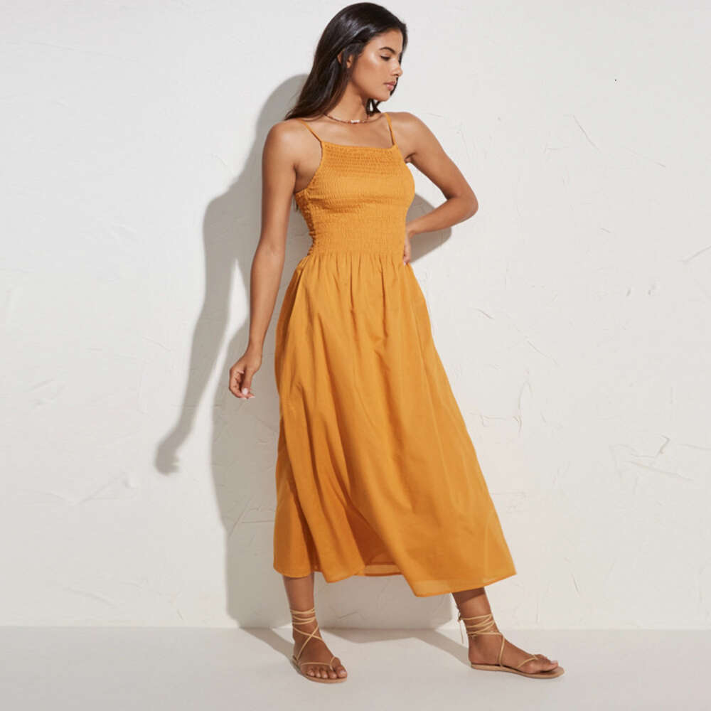Ref Yellow Flax Slimming Strap Dress Summer New French Style Female Sexy Dress Fishtail Dress Waist Novelty Bifurcated Loose Oversize Dress Sexy SKINN