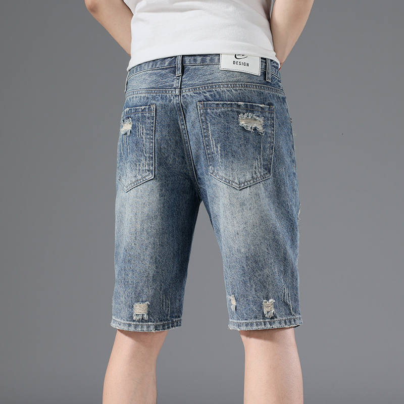Broken hole denim shorts trendy brand ins summer outerwear loose five quarter men's design sense niche mid length pants
