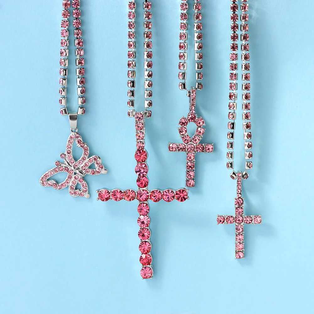 Pendant Necklaces Ins Hip Hop Crystal Ankh Cross Pendant Necklace Womens Tennis Chain Pink Water Diamond Multi Layer Butterfly Necklace Party Jewelry 