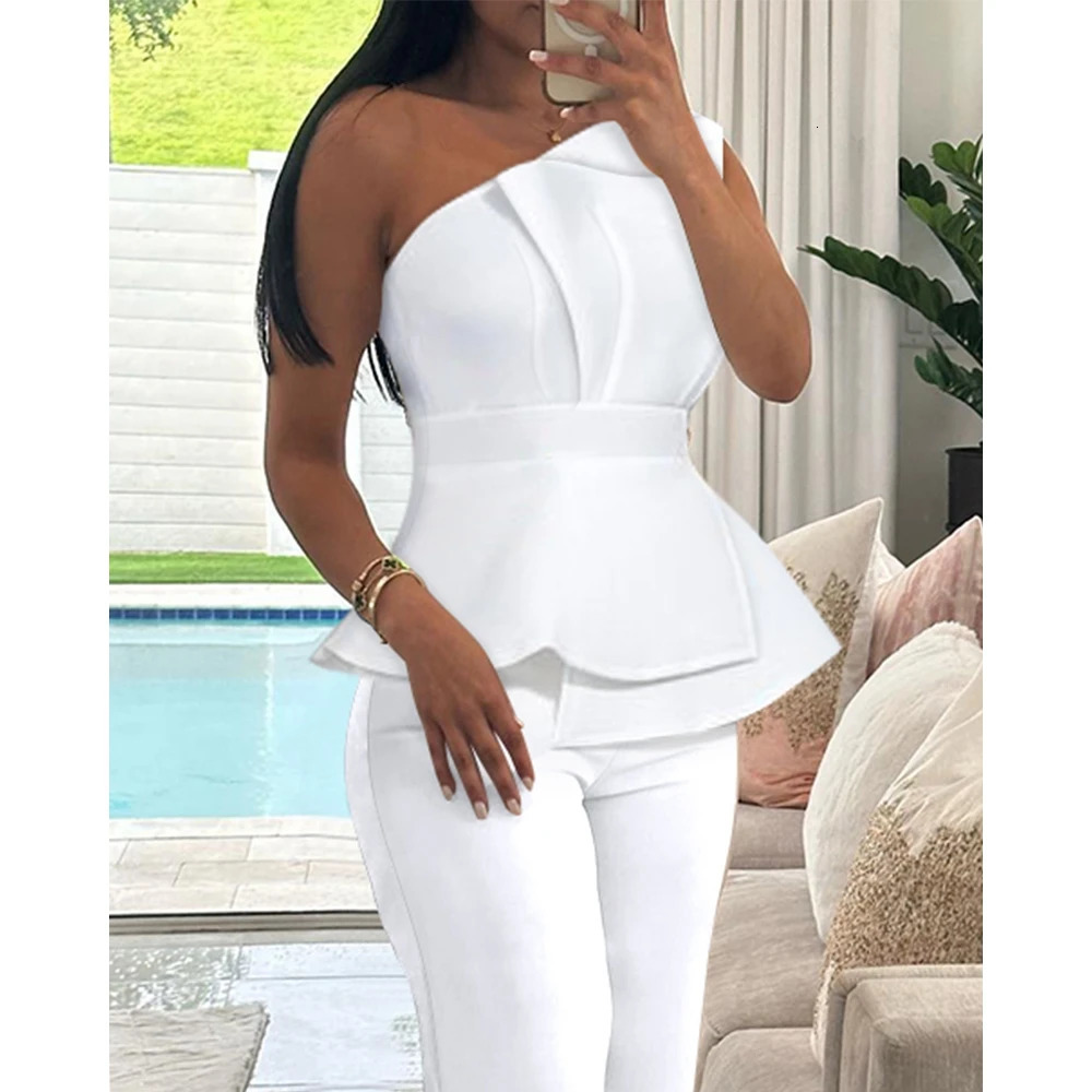 Womens one shoulder pleated top straight leg pants set elegant solid color twopiece office suit y2k clothing 240718