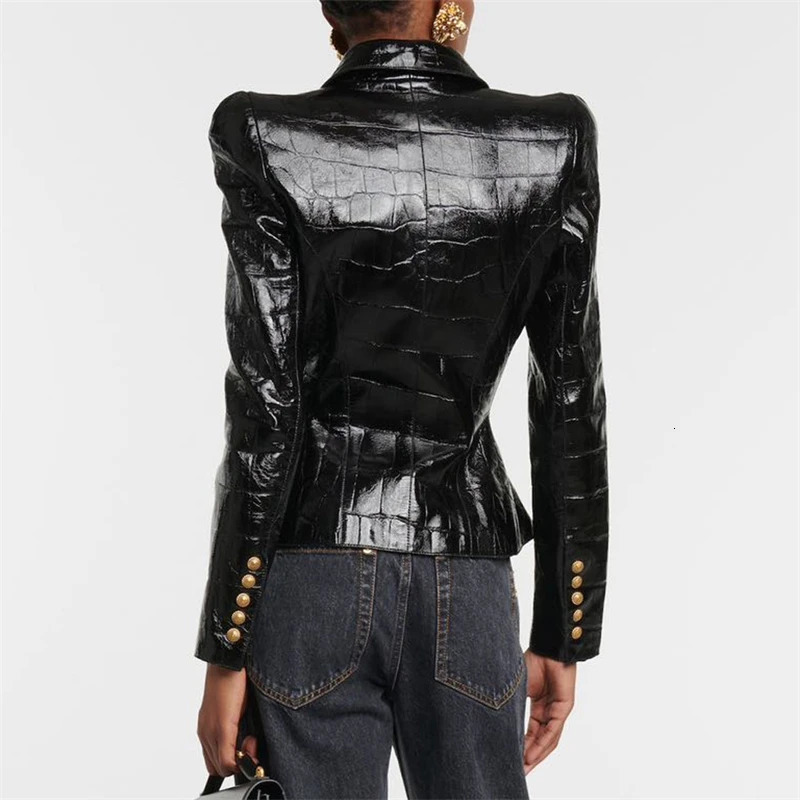FW womens black pu leather shiny shrug slim small suit high quality y2k Korean style button decorated temperamentJacket 240717