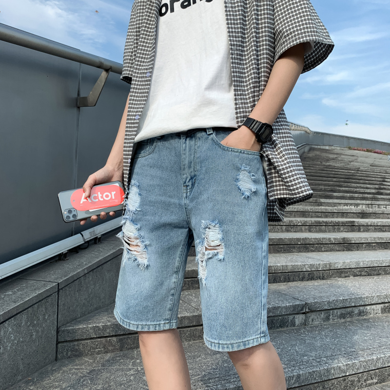 Broken hole casual five quarter summer Korean outdoor shorts teenage men's pants college style jeans