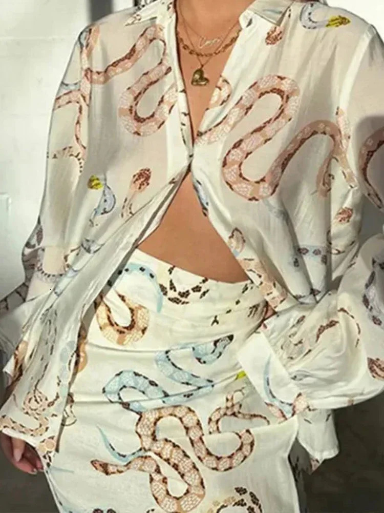 Print Shirt Skirt for Women Long Sleeve Dress Slit Womens Single Breasted Beach Two Piece Sets Outifits 240710