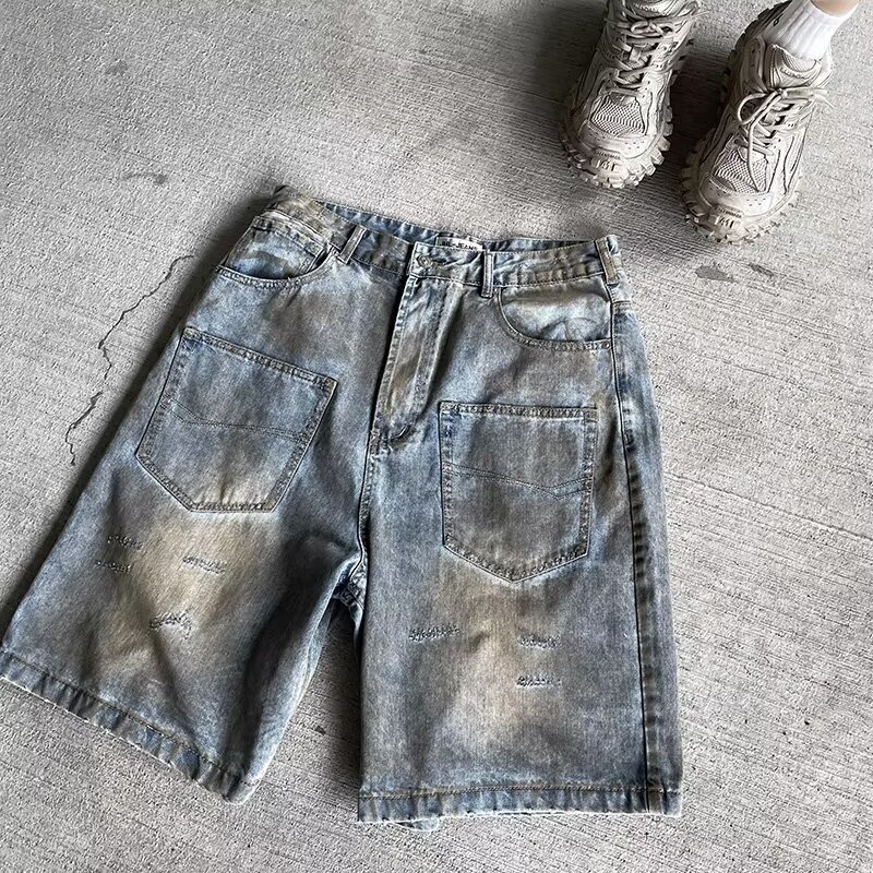 Summer denim thin casual workwear shorts, loose straight leg men's washed five point jeans