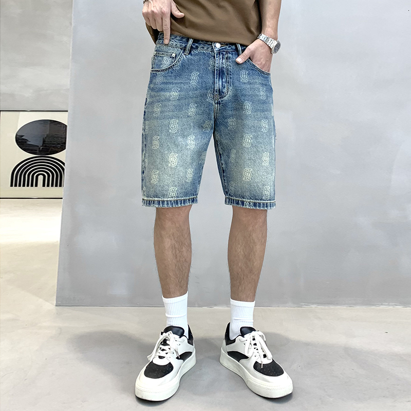 Quality printed denim shorts for men's summer new style, loose and versatile, trendy Korean version five quarter pants