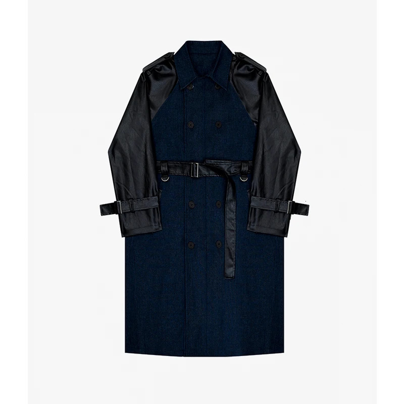 Double Breasted Denim Splice Leather Long Windbreaker Jacket Men Mid Loose Casual Korean Streetwear Trench Coat Outerwear 240719