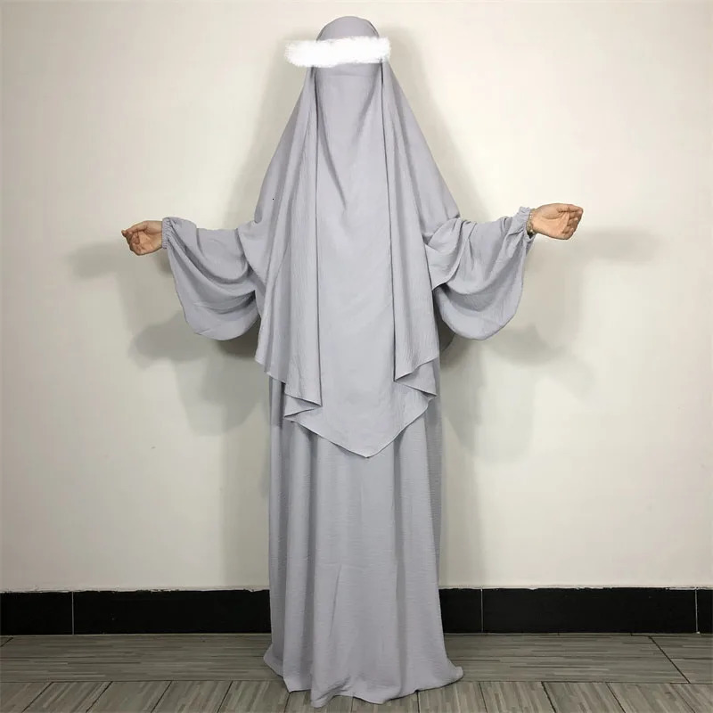 2 Piece Prayer Dress Muslim Islamic Clothing Jazz Crepe Modest Drop Fall Sleeves Abaya Set Match Khimar Jilbab Long Hijab 240712