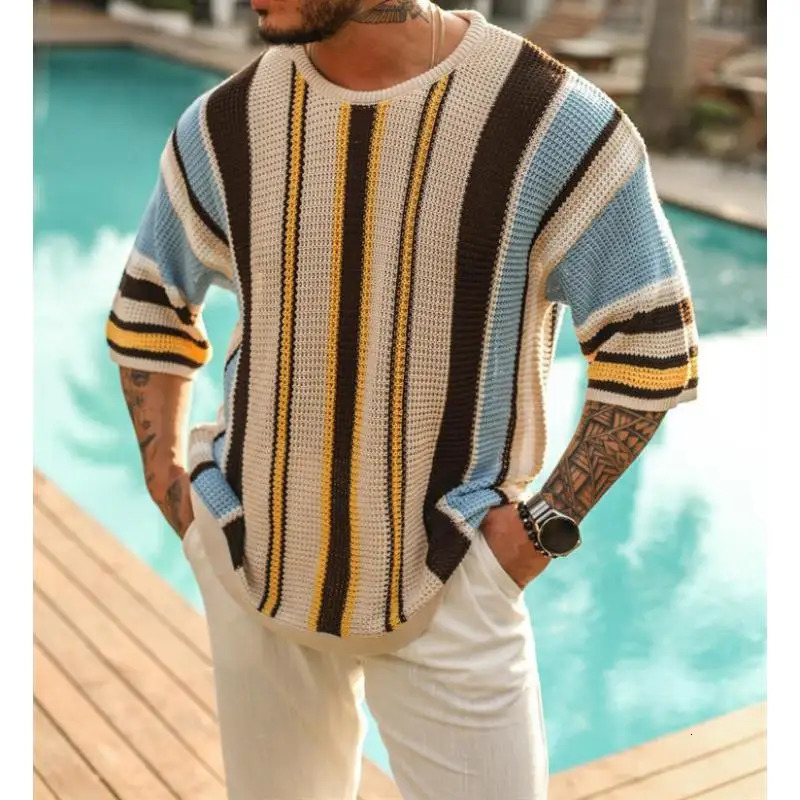 Striped Knitted Sweater For Men Korean Clothing Mens Short Sleeve Knit Sweater Mens Summer Jumper Knitted Short Sleeve Summer 240710