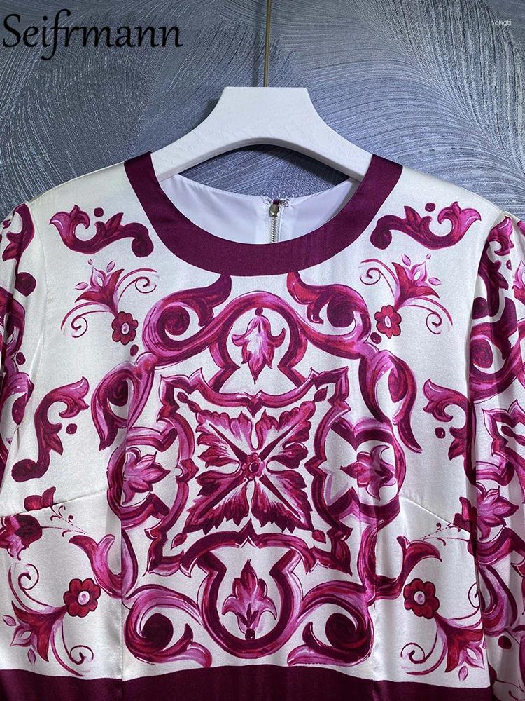 Casual Dresses Seifrmann High Quality Summer Women Fashion Designer Real Silk Dress Long Sleeve Red White Porcelain Printed Penci