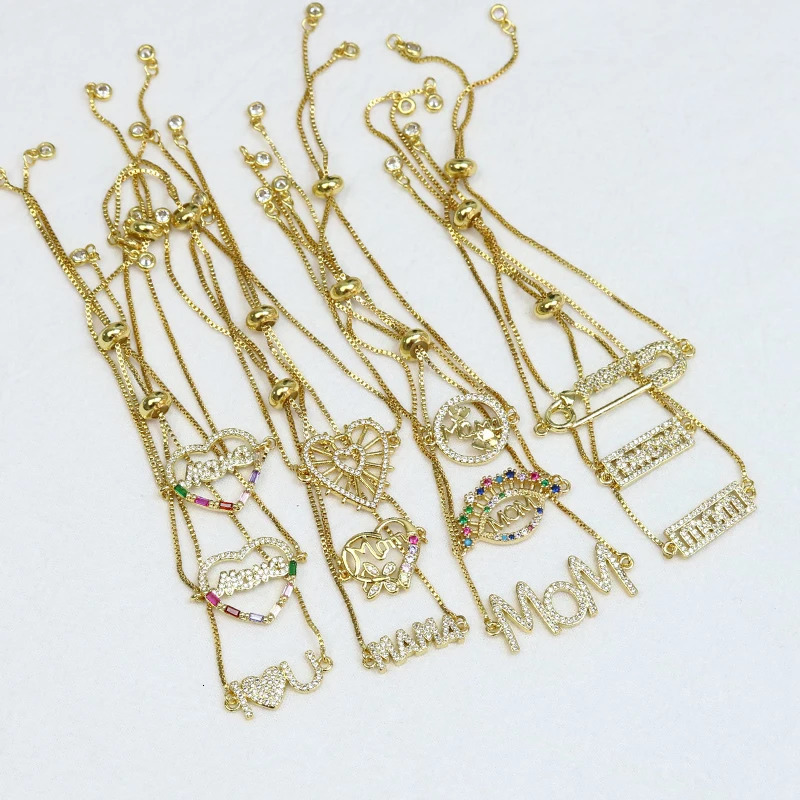 10 Pcs Mama charms Bracelet 18k Gold Plated Mothers Day Series Zircon Jewelry Bracelet Mother Gift 40004 240719