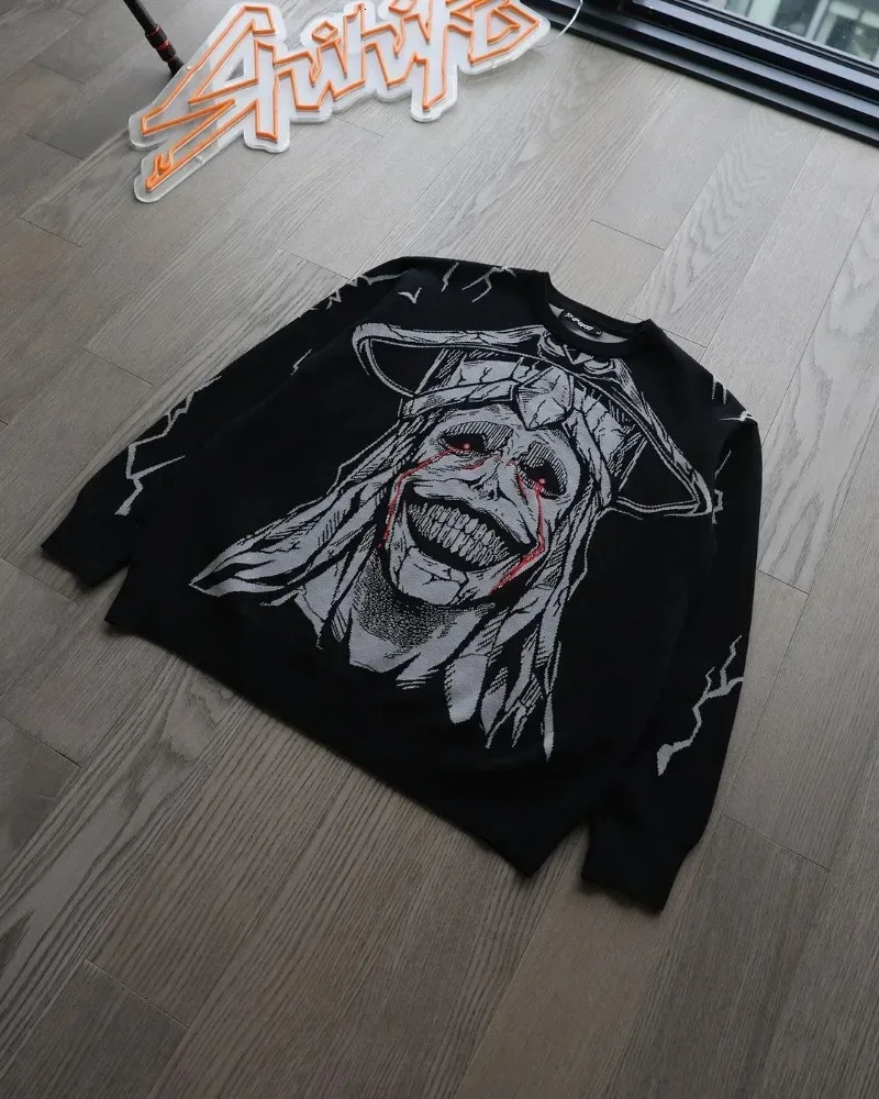 Black Gothic Anime Character Graphic Printing Large Mens Sweater Y2K Street Hip Hop Pop Full Match Bag Hoodie 240718