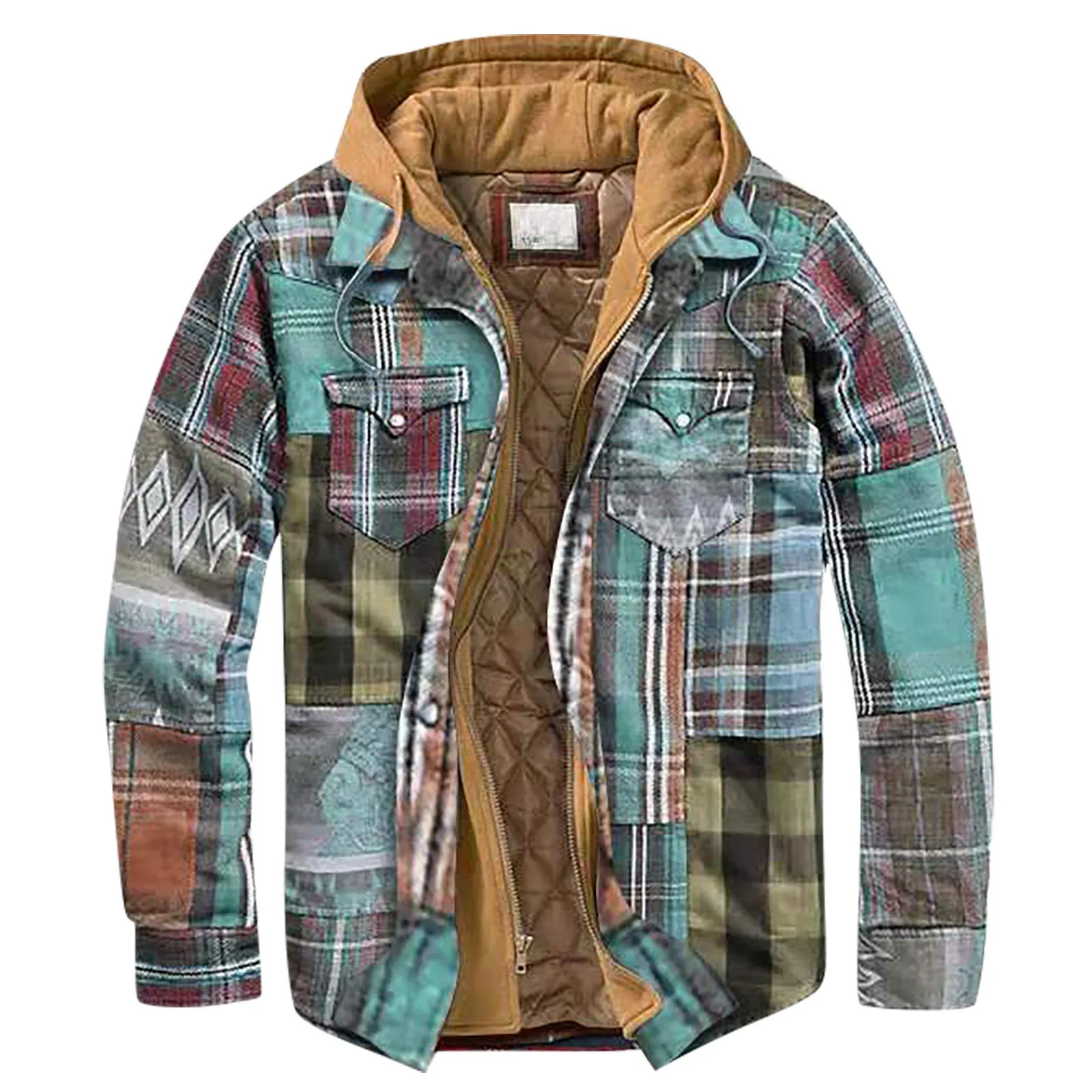 Mens Quilted Lined Button Down Plaid Shirt Add Velvet To Keep Warm Jacket With Hood 240712