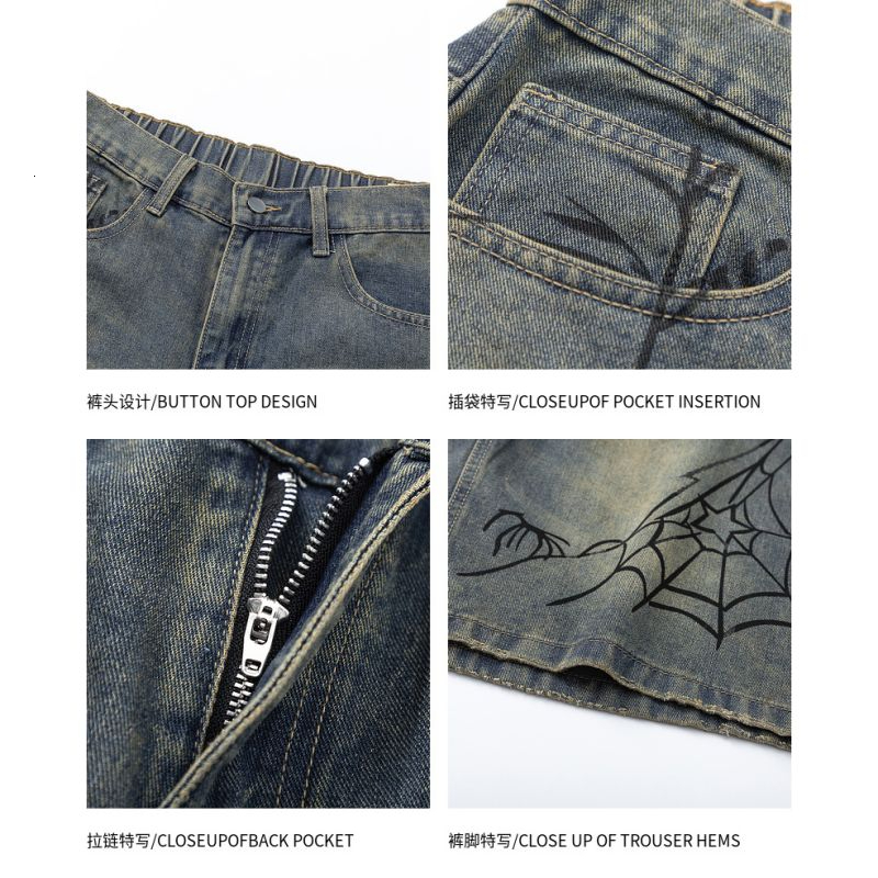 Summer spider print denim shorts men's loose mid length American casual six quarter pants