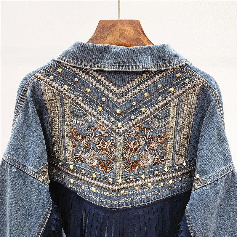Boho Womens Denim Jacket Spring Vintage Floral Embroidery Suede Fringe Loose Long Sleeve Jean Jacket Casual Ropa De Mujer 240717