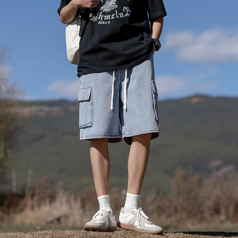 Summer new trend five quarter denim men, loose workwear, elastic waistband, lace up shorts for men